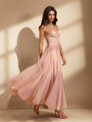 Qexara Strapless Lace Mesh Maxi Dress