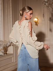 Qualdrek V Neck Ruffle Cutout Top