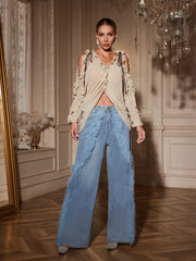 Qualdrek V Neck Ruffle Cutout Top