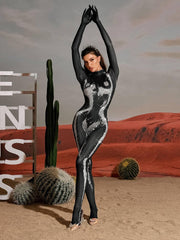 Radek Body Printed Rhinestone Gloves Jumpsuit In Silver