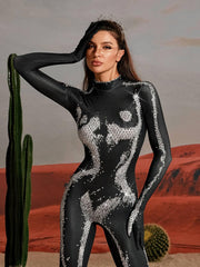 Radek Body Printed Rhinestone Gloves Jumpsuit In Silver