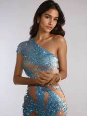 Radka One Shoulder Crystal Mesh Mini Dress