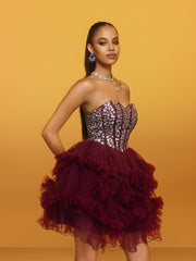 Rawiya Strapless Crystal Mini Dress In Wine