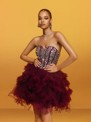 Rawiya Strapless Crystal Mini Dress In Wine