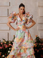 Rivyn V Neck Floral Printed Maxi Dress In Orange