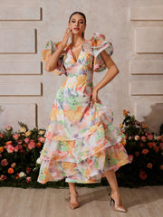 Rivyn V Neck Floral Printed Maxi Dress In Orange