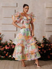 Rivyn V Neck Floral Printed Maxi Dress In Orange