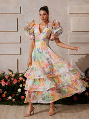 Rivyn V Neck Floral Printed Maxi Dress In Orange