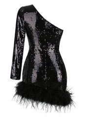 Romy One Shoulder Sequin Feather Mini Dress