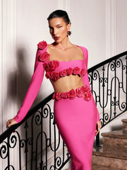 Rufus Flower Bandage Skirt Set In Hot Pink
