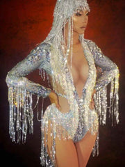 Ryxara Long Sleeve Fringe Embellished Bodysuit