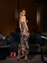 Saige Strapless Mesh Flower Midi Dress In Black