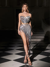 Sexara Strapless Fringe Crystal Skirt Set