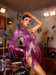 Shatora One Shoulder Rhinestone Fringe Bodysuit In Hot Pink