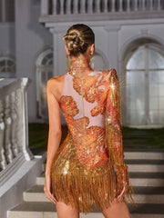 Shatora One Shoulder Rhinestone Fringe Bodysuit In Orange