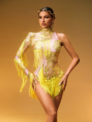 Shatora One Shoulder Rhinestone Fringe Bodysuit In Yellow