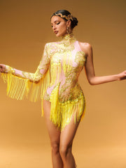 Shatora One Shoulder Rhinestone Fringe Bodysuit In Yellow