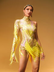 Shatora One Shoulder Rhinestone Fringe Bodysuit In Yellow