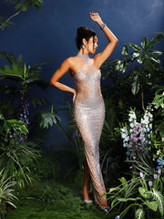 Shawnette Ombre Halterneck Rhinestone Maxi Dress In White