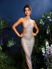 Shawnette Ombre Halterneck Rhinestone Maxi Dress In White