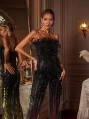 Shiva Ombre Feather Sequin Jumpsuit