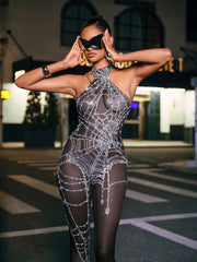 Siesen Cutout Cobweb Rhinestone Mesh Jumpsuit In Black