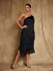 Stiorra One Shoulder Fringe Midi Dress