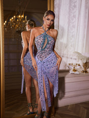 Taeltric Halterneck Crystal Mesh Bodysuit Set