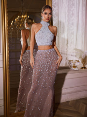 Taelyra Halterneck Crystal Pearl Skirt Set