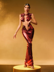 Taralynn Ruffle Ruched Metallic Skirt Set In Red