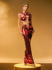 Taralynn Ruffle Ruched Metallic Skirt Set In Red