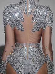 Thalorian High Neck Sequin Bodysuit In Silver