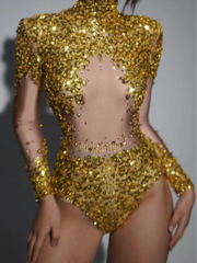 Thalorian High Neck Sequin Bodysuit In Gold