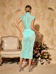 Thalvix High Neck Stripe Skirt Set In Mint