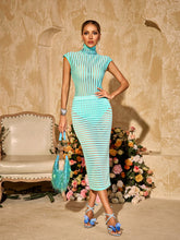 Thalvix High Neck Stripe Skirt Set In Mint