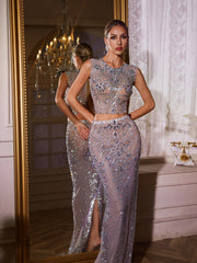 Tyviel Crystal Rhinestone Mesh Skirt Set