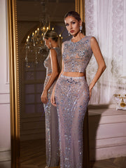 Tyviel Crystal Rhinestone Mesh Skirt Set