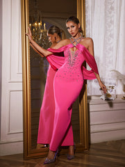Uaelyth Halterneck Rhinestone Bandage Maxi Dress In Pink