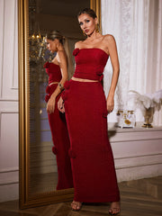 Ualdor Strapless Flower Glitter Skirt Set