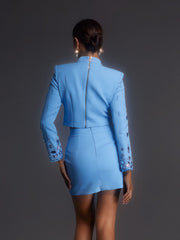 Vallea Long Sleeve Rhinestone Skirt Set In Blue