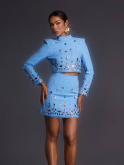 Vallea Long Sleeve Rhinestone Skirt Set In Blue