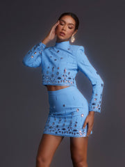 Vallea Long Sleeve Rhinestone Skirt Set In Blue