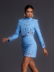 Vallea Long Sleeve Rhinestone Skirt Set In Blue