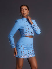 Vallea Long Sleeve Rhinestone Skirt Set In Blue