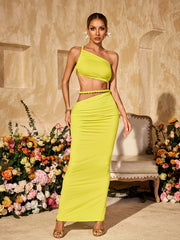Valphyx Backless Cutout Ruched Skirt Set In Lime