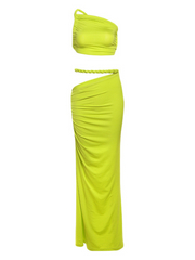 Valphyx Backless Cutout Ruched Skirt Set In Lime