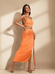 Wexara Backless Split Ruched Maxi Dress