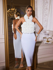 Wryssa Halterneck Flower Bandage Midi Dress In White