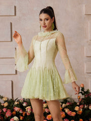 Xaeltric Bell Sleeve Lace Sequin Mini Dress
