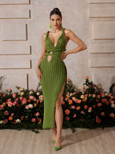 Xaelyx Plunge Neck Split Midi Dress In Olive